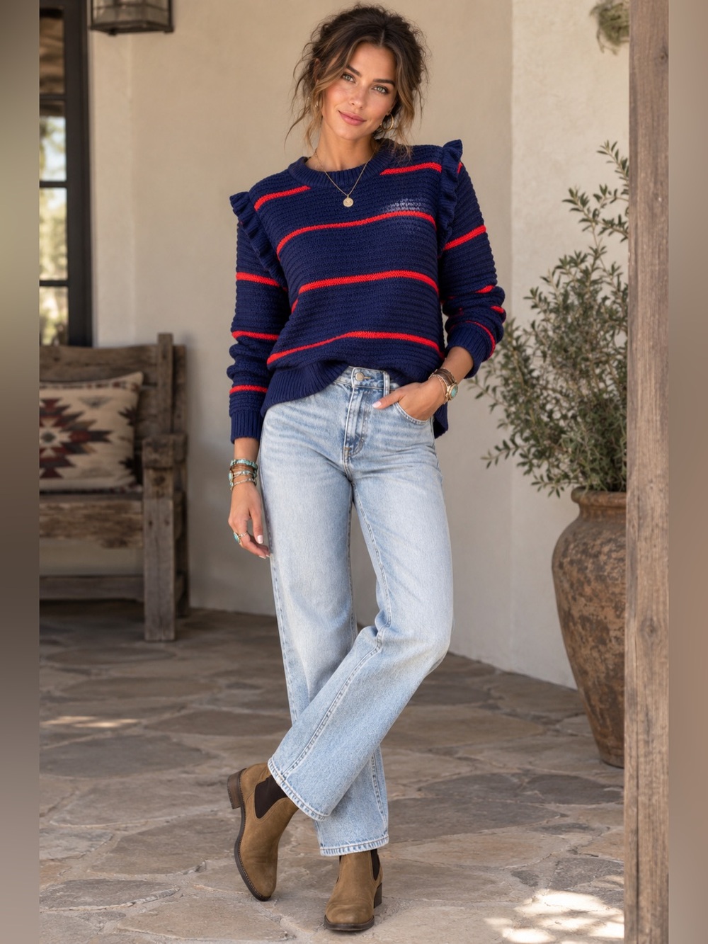 Banana Republic Navy Crewneck Sweater with Orange Stripes